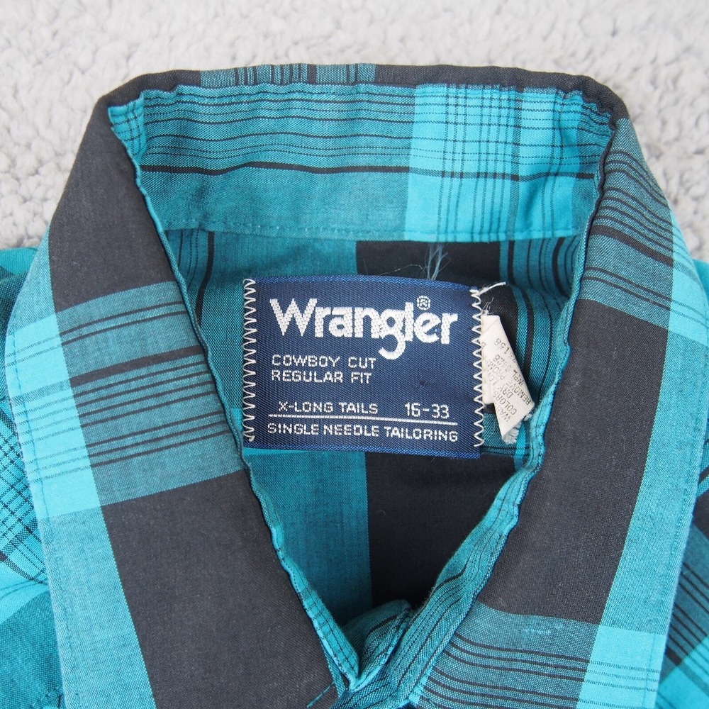 Vintage Wrangler Shirt X-Long Tails Sz L 16-33 Pearl Snap Cowboy Cut Turquoise - Picture 3 of 9